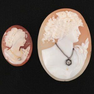 Vintage Loose 14K Shell and Diamond Cameo Habillé Pair